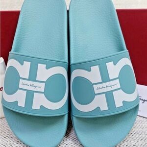 Salvatore Ferragamo Blue and White Sandals with Textured Sole